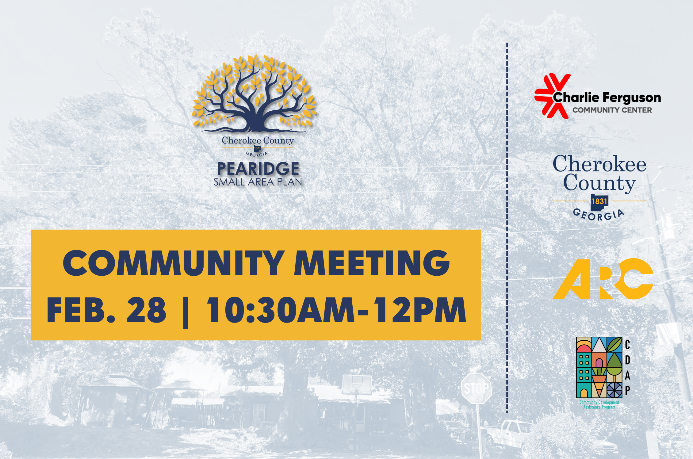 Graphic that reads Community Meeting Feb. 28 